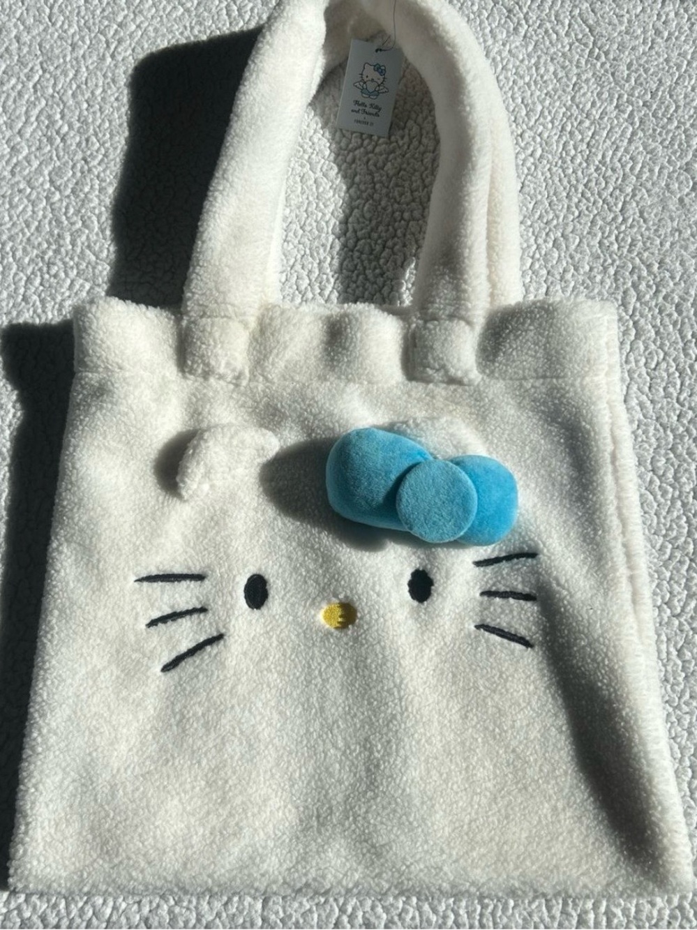 Forever 21 White Plush Hello Kitty Tote with Blue Bow